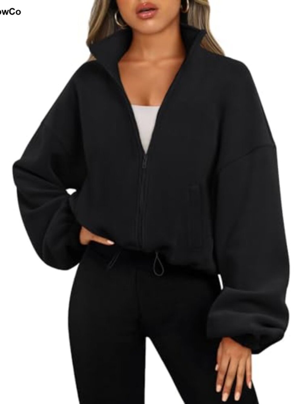 Womens Fleece Zip Up Cropped Oversized Sweatshirt Jacket Fall Winter